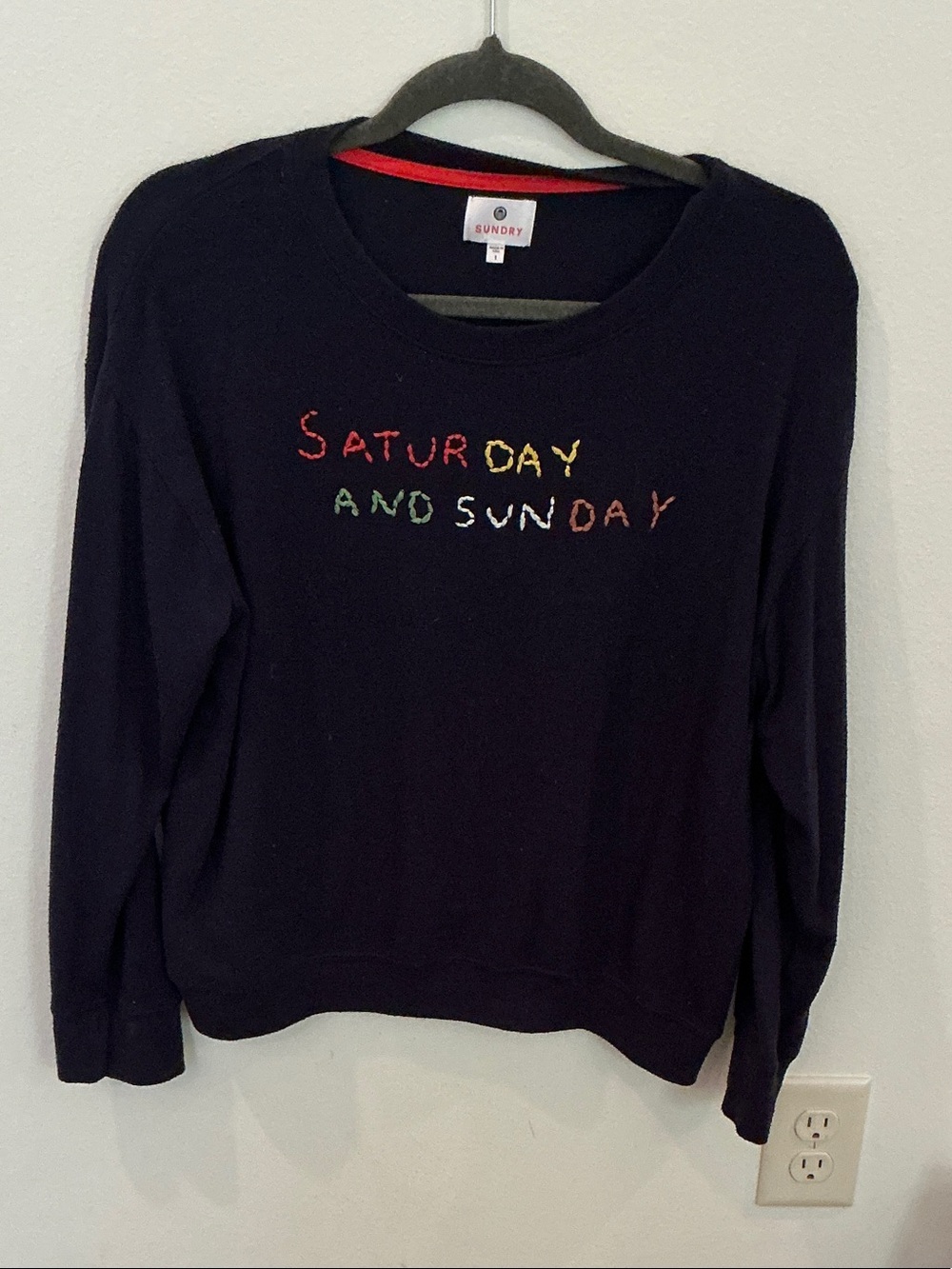 Sundry Navy Crewneck Sweater with Multicolor 'Saturday and Sunday' Embroidery